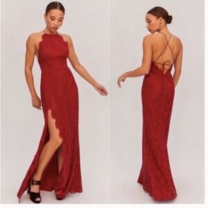 NWT Fame and Partners Lace Halter Maxi Dress In Burgundy Red 18